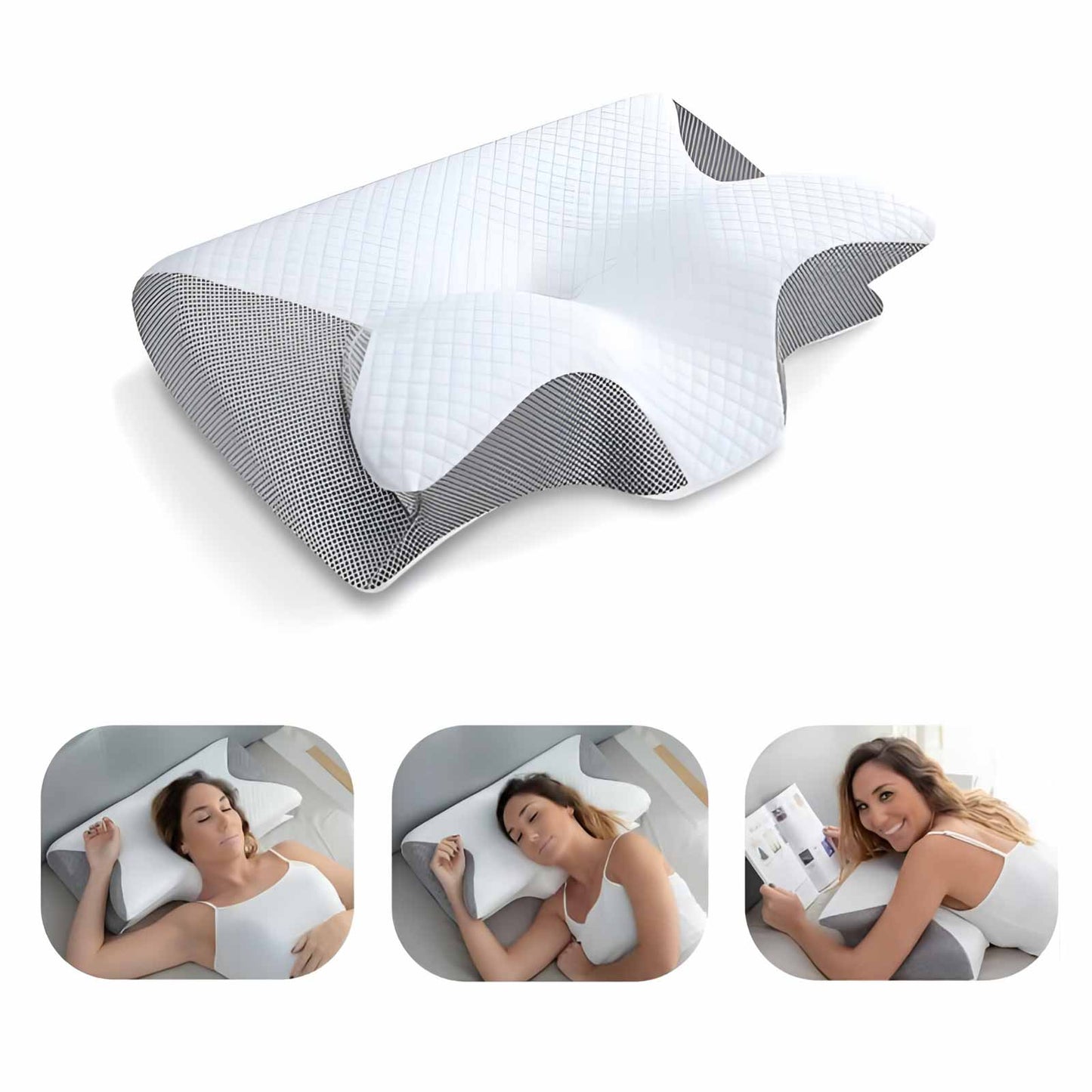 Pillow support for neck featuring butterfly shape and ergonomic support for side sleepers with neck pain.