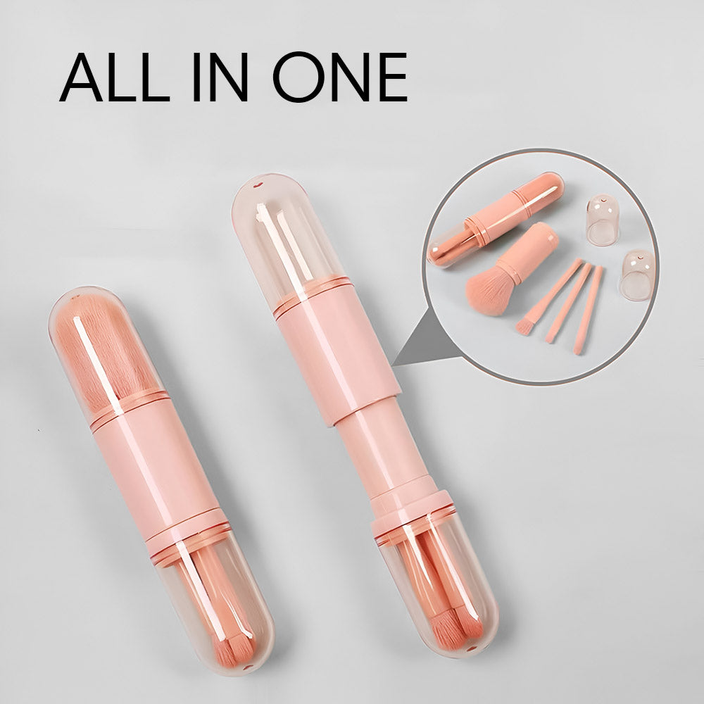 Makeup brush set displayed in travel-ready compact design ideal for everyday beauty routines and touch-ups