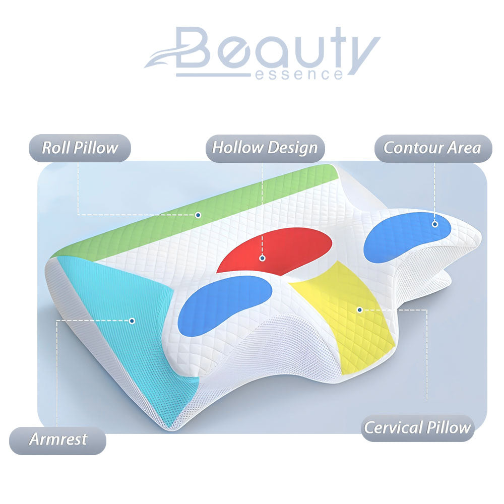Pillow support for neck in butterfly style, perfect for cervical support and shoulder relief while sleeping.