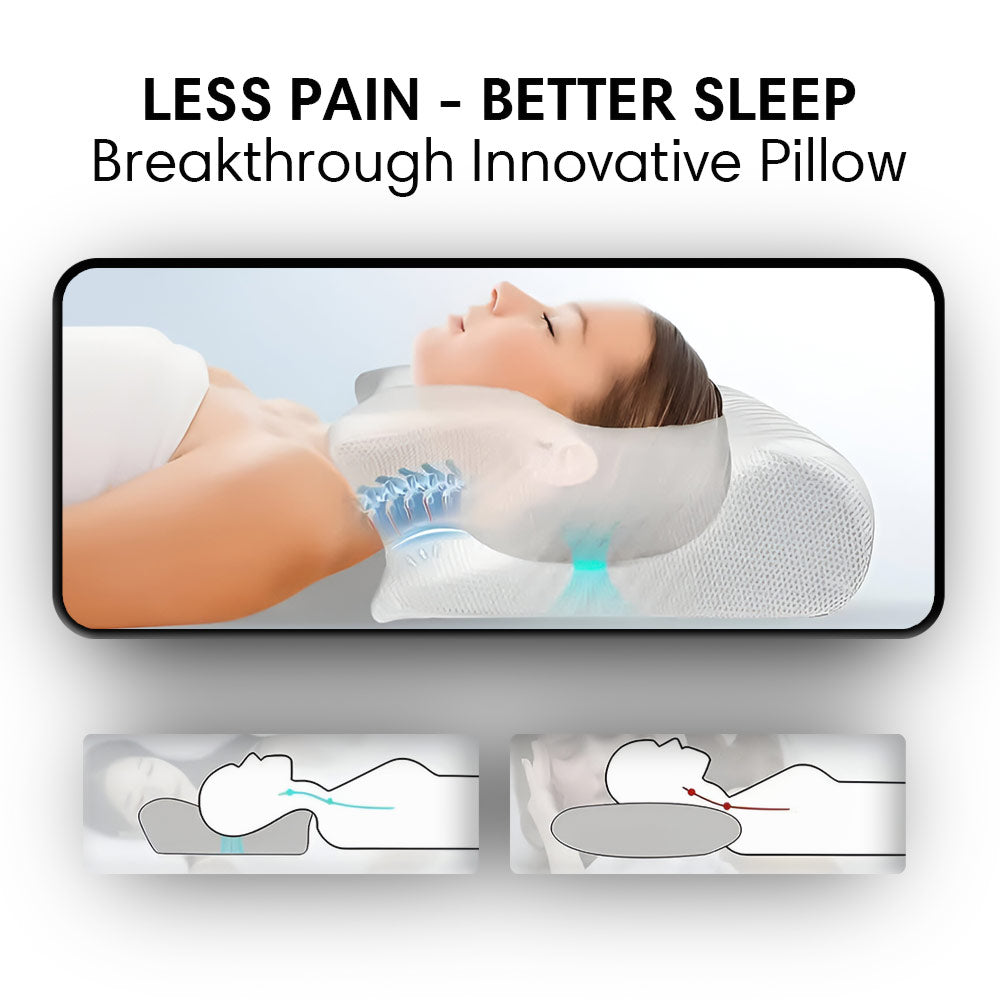 Pillow support for neck using butterfly ergonomic design to support spinal alignment and reduce stiffness.