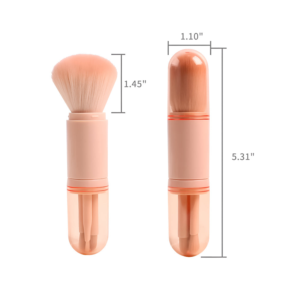 Makeup brush set held in hand to show its compact travel size and stylish pink colour