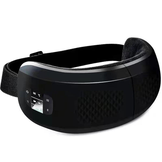 A white eye massager device with a black strap and control panel, designed for relieving eye strain and providing a soothing experience.