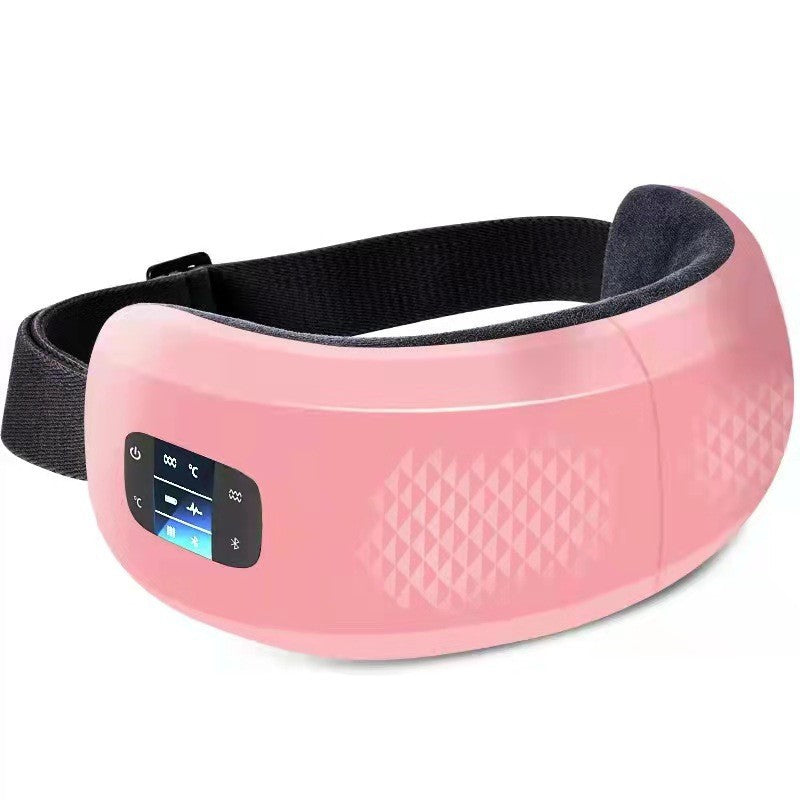 A white eye massager device with a black strap and control panel, designed for relieving eye strain and providing a soothing experience.
