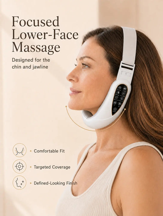 A woman in profile wearing a white lower-face massage device around her jaw and neck, with marketing text on a warm beige background.