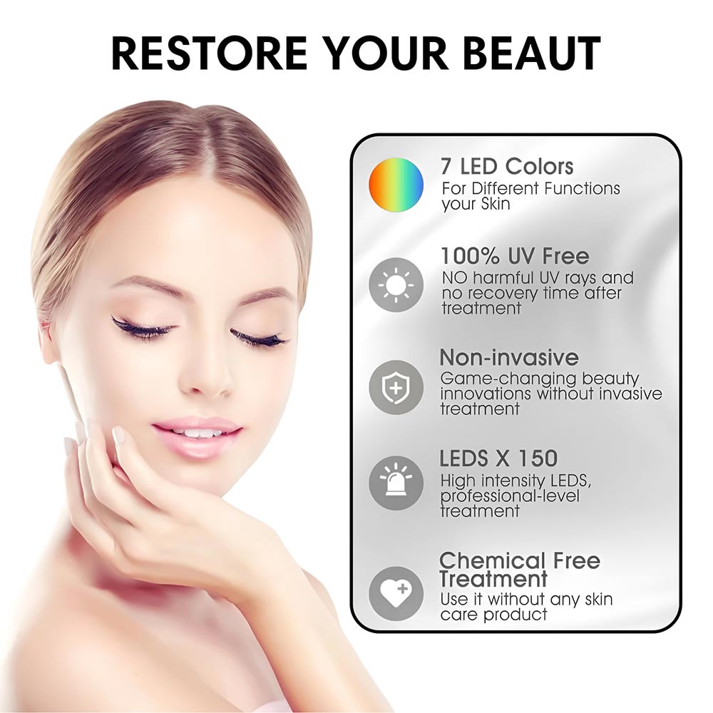 Woman with glowing skin praising LED Light Therapy Face Mask for skin health restoration
