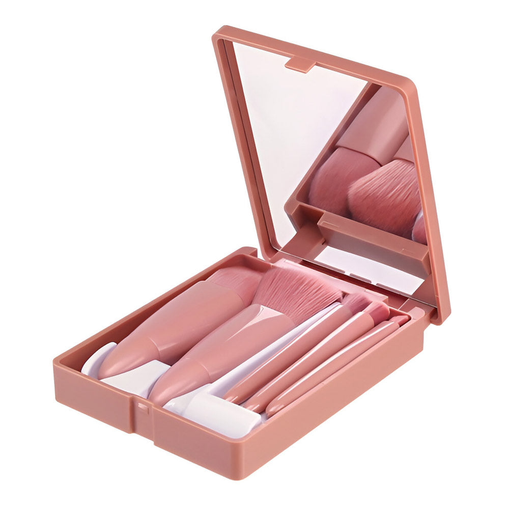 Makeup Brush Set featuring compact 5pcs pink brushes with travel case and built-in mirror for daily beauty routines.