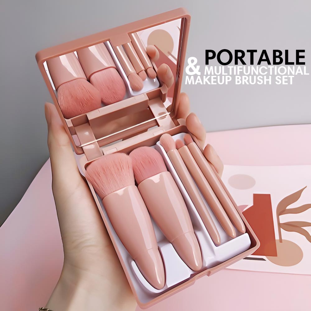 Makeup Brush Set includes short-handle brushes in protective pink case, ideal for quick and hygienic makeup applications.