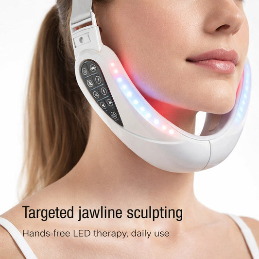 Woman using a LED facial and neck device with text 'Targeted jawline sculpting' and 'Hands-free LED therapy, daily use'.