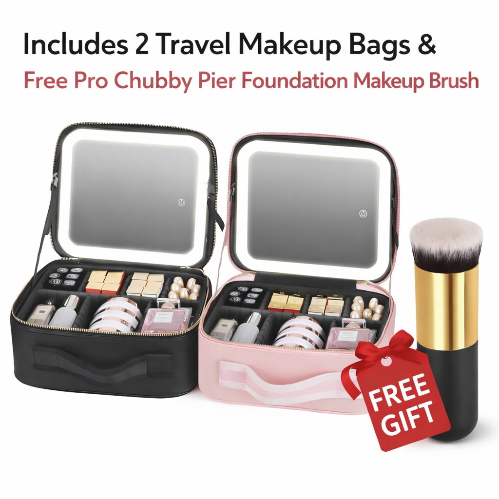 Two travel makeup bags with a free makeup brush on a white background