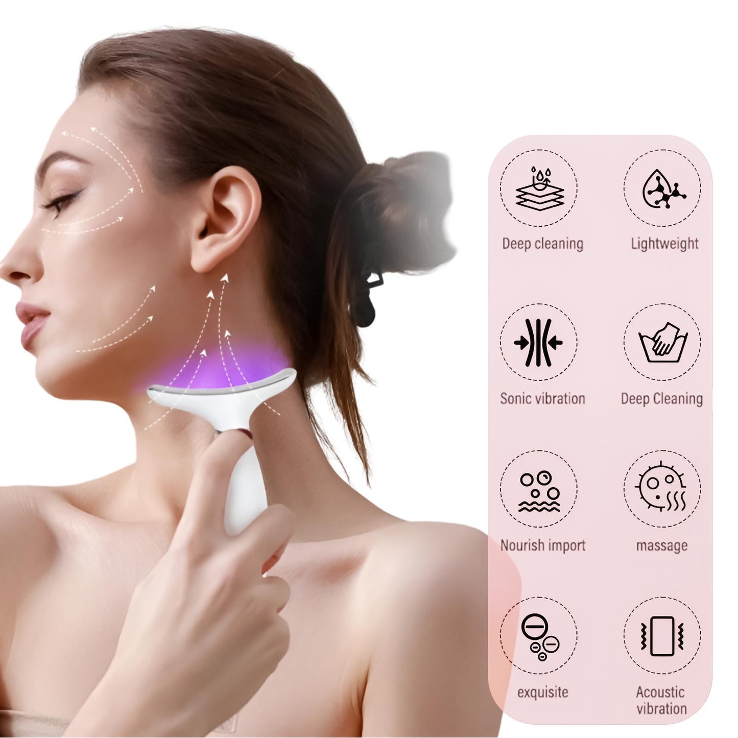 Facial lifting device with 8 advanced features: 7 LED colours, vibration, EMS, heat, and more.
