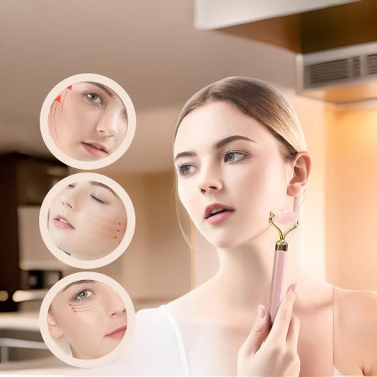 Woman showing face areas targeted by skin tightening tool for anti-ageing care