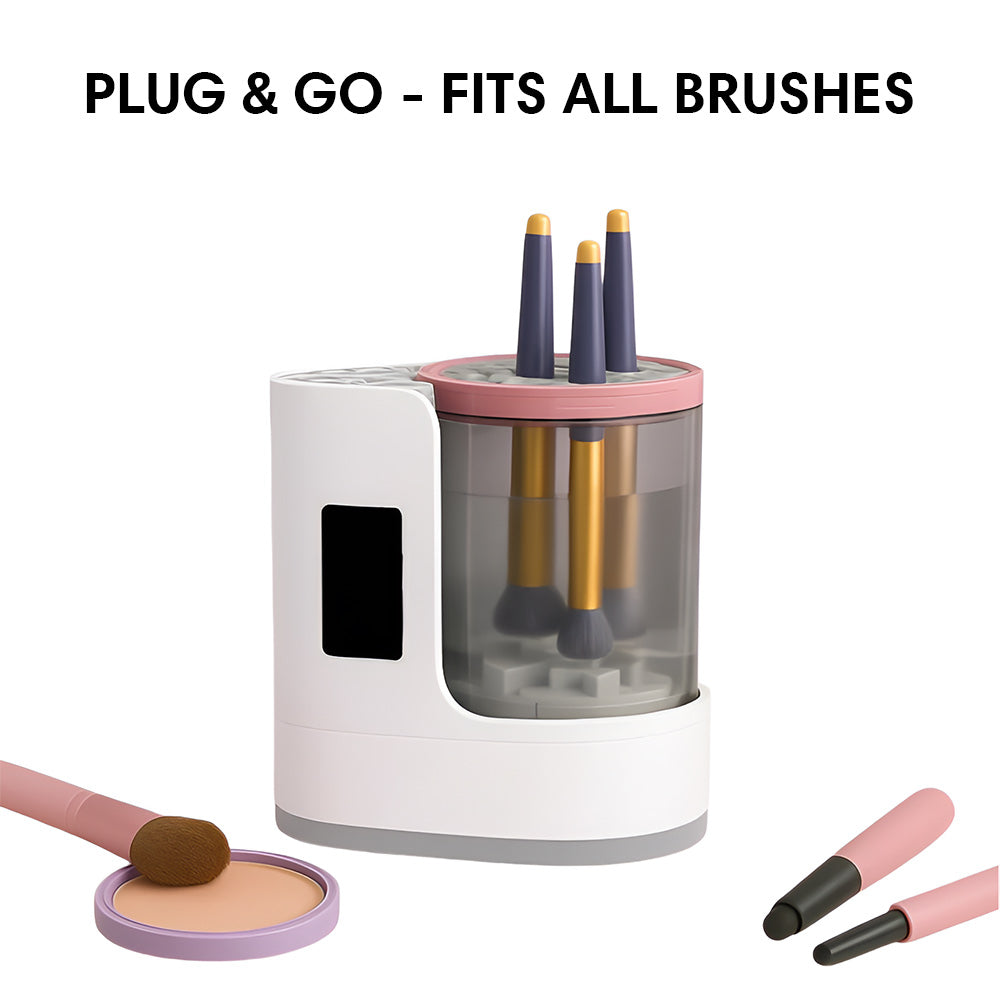 Makeup Brush Cleaner for effortless washing and hands-free drying with adjustable angle and timer functions