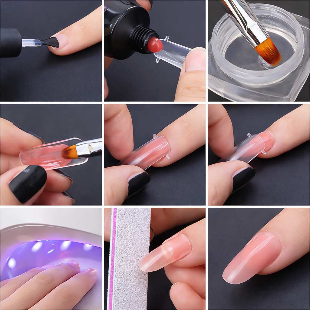 Step-by-step process of applying nail polish with a brush, including application, drying under UV light, and final result.