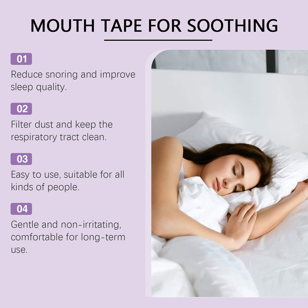 Mouth tape for snorers being applied by a user before sleeping to help prevent open-mouth breathing and snoring at night.
