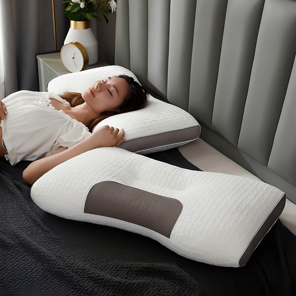 Soft memory foam neck pillow with support, ideal for relieving stiff neck pain and shoulder tension during sleep
