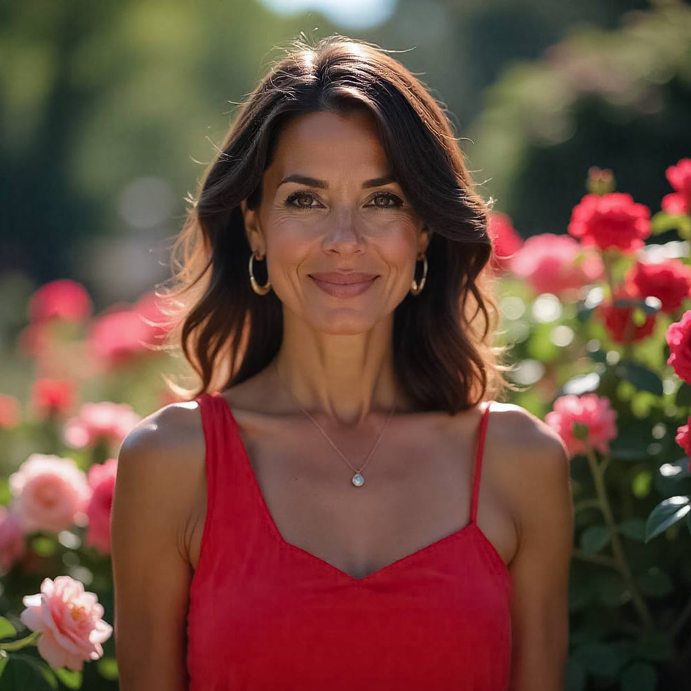 Confident woman over 40 in garden, glowing skin from best skincare tools used