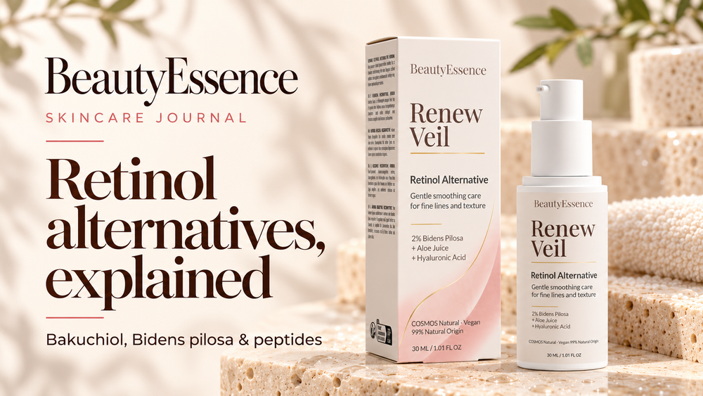 Retinol alternatives explained: BeautyEssence Renew Veil plant-based retinol alternative serum