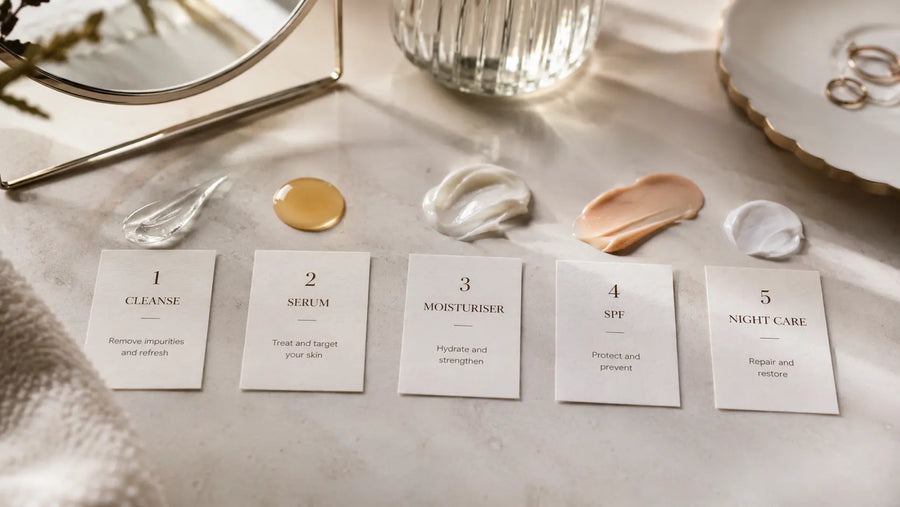 Skincare routine order cards with cleanse serum moisturiser SPF and night care on warm vanity