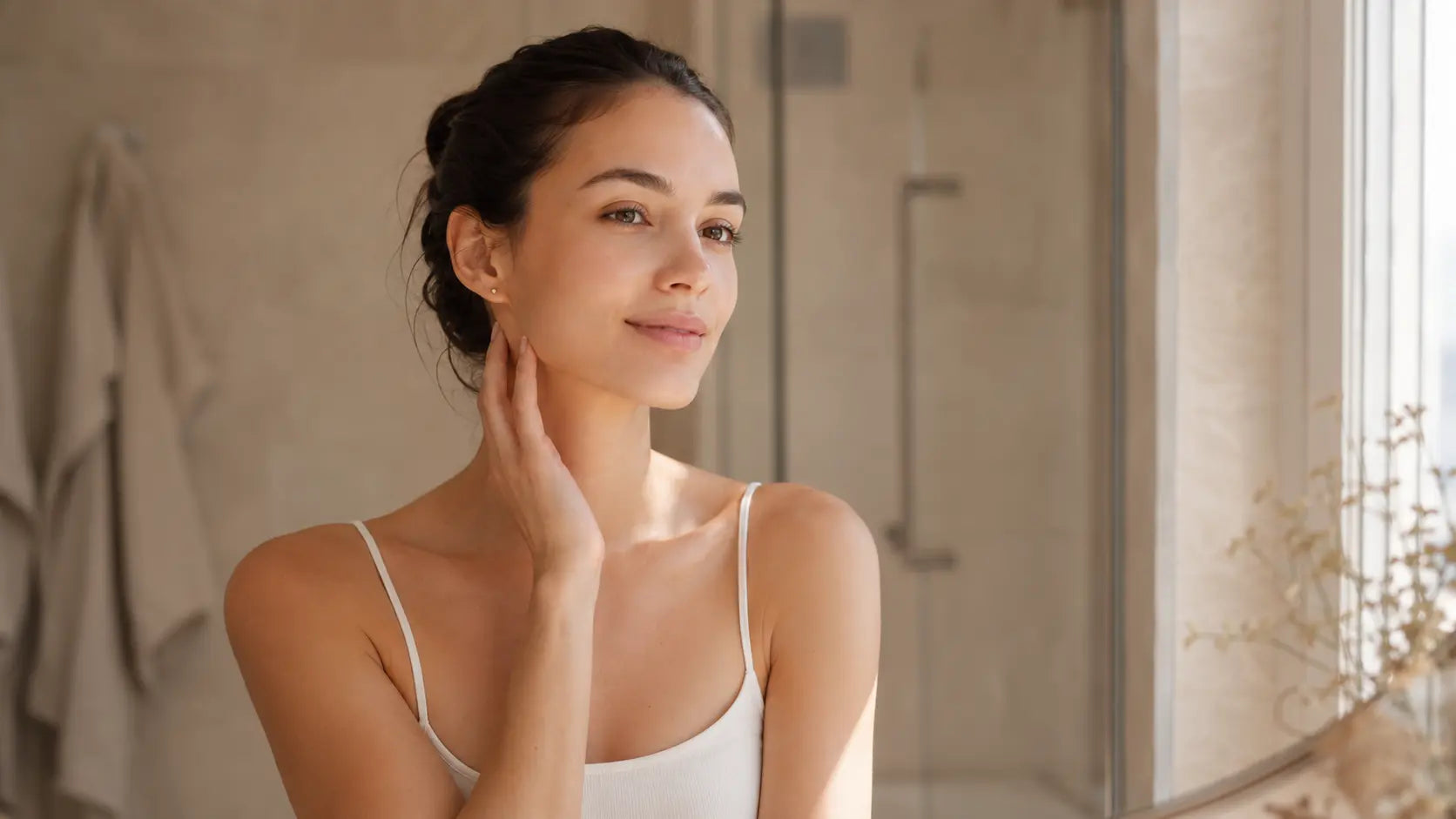 Woman starting a simple morning skincare routine in soft bathroom light