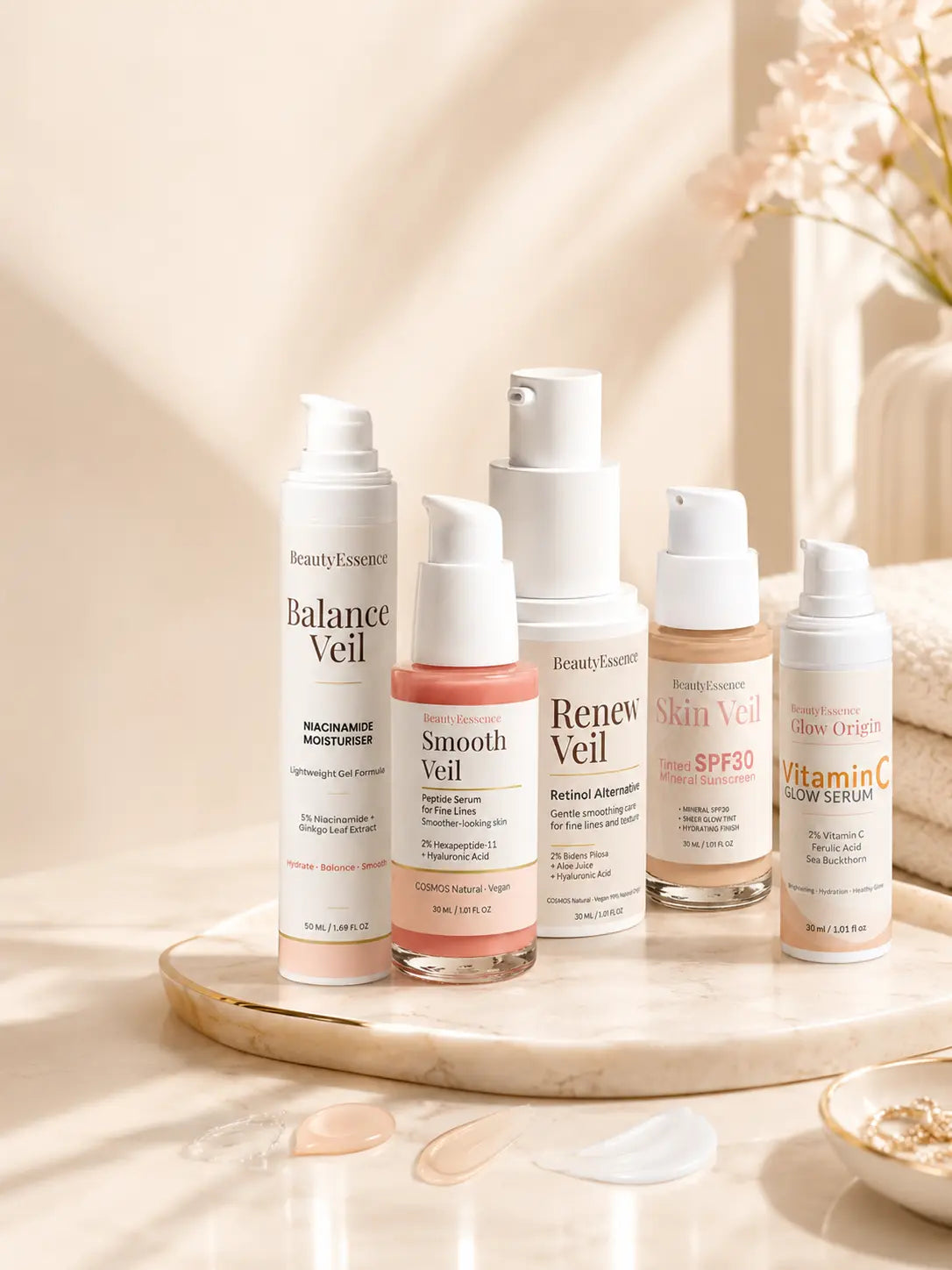 Premium BeautyEssence Face Care Essentials collection with serums, moisturiser and SPF