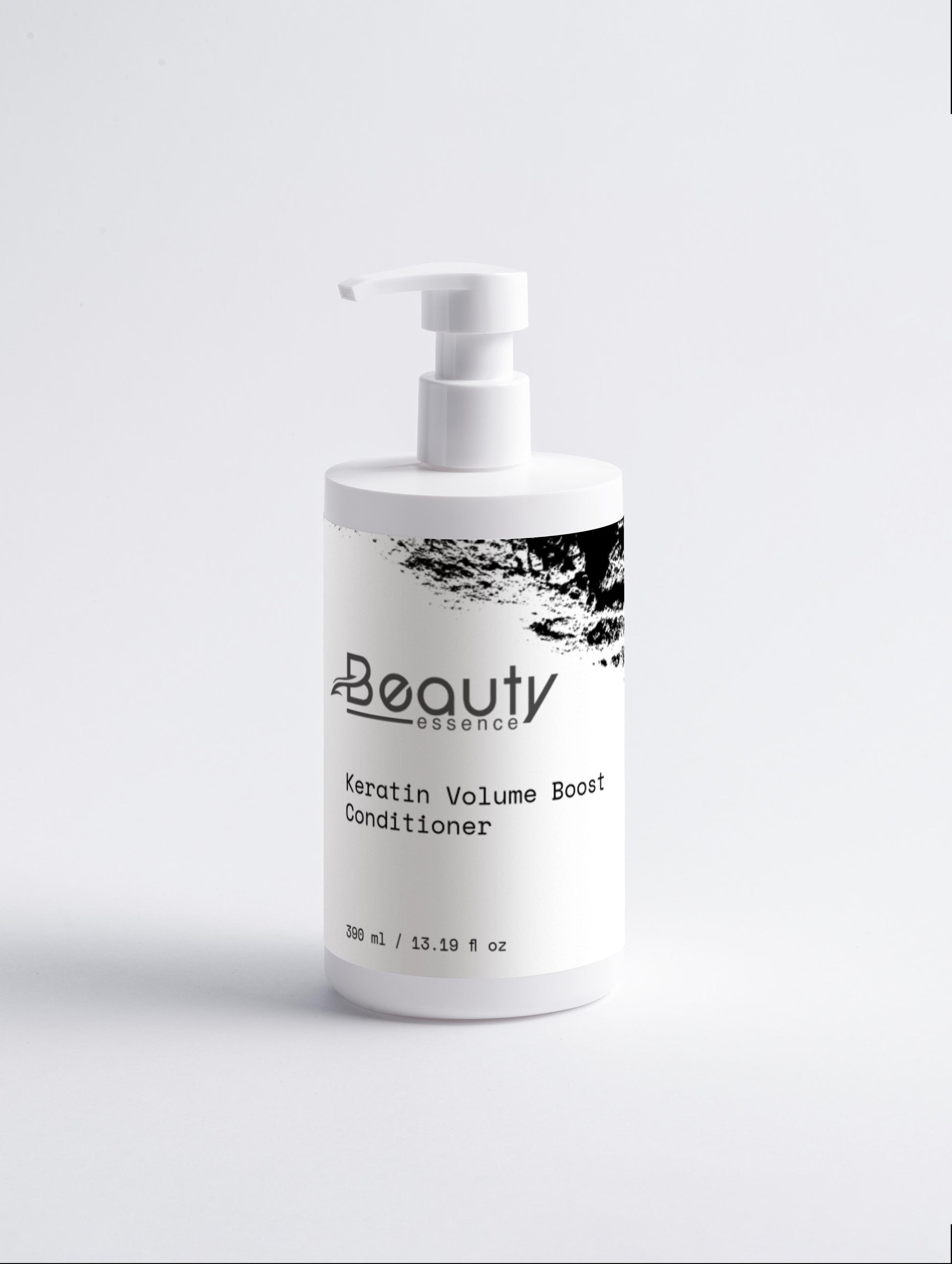 White bottle of Beauty Essence Keratin Volume Boost Conditioner on a light gray background