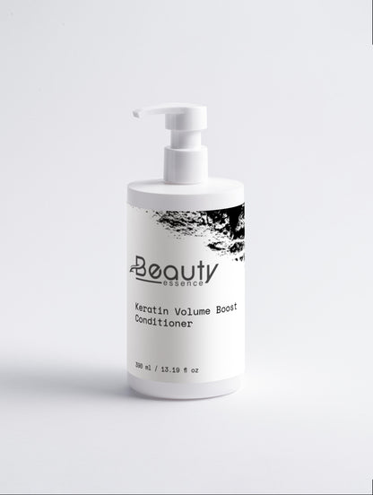 White bottle of Beauty Essence Keratin Volume Boost Conditioner on a light gray background