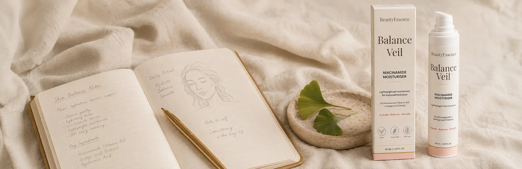 Beauty Essence Balance Veil moisturiser in a wide editorial skincare scene