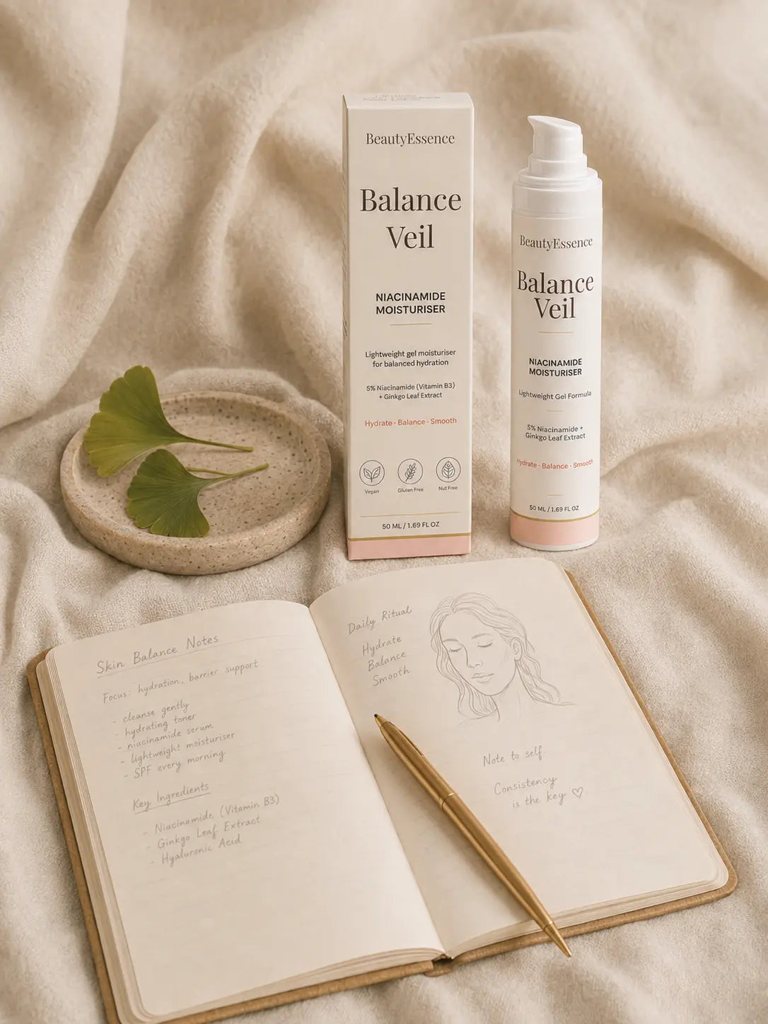 Beauty Essence Balance Veil moisturiser in a portrait editorial skincare scene