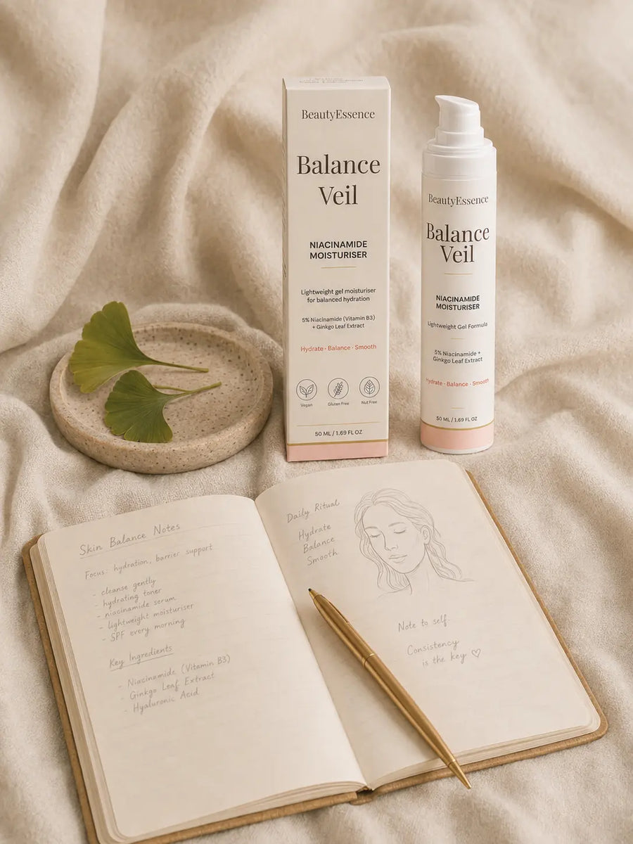 Beauty Essence Balance Veil moisturiser in a portrait editorial skincare scene