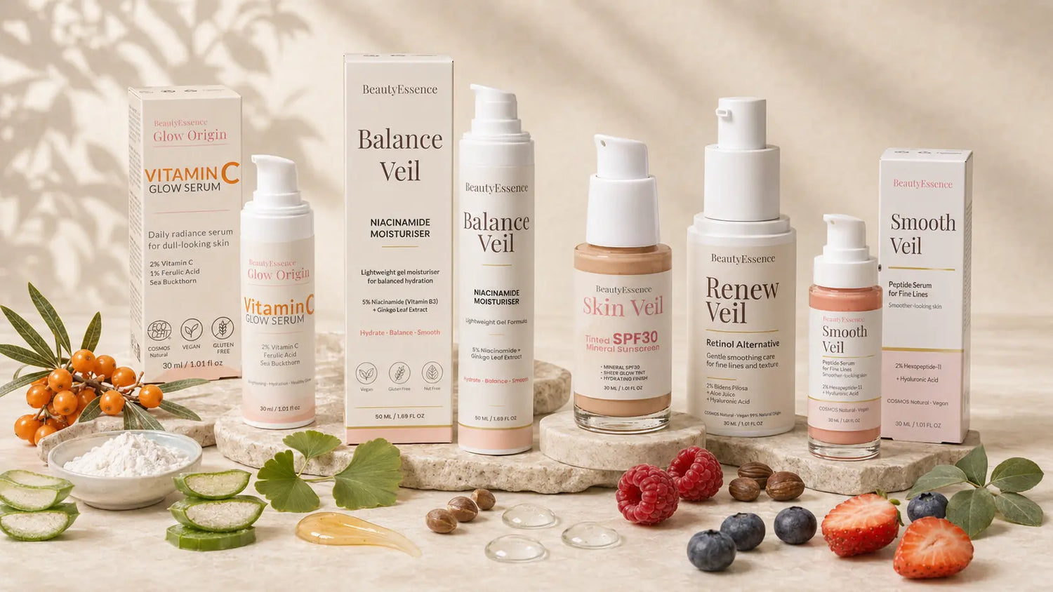 Beauty Essence face care products arranged with natural skincare ingredients