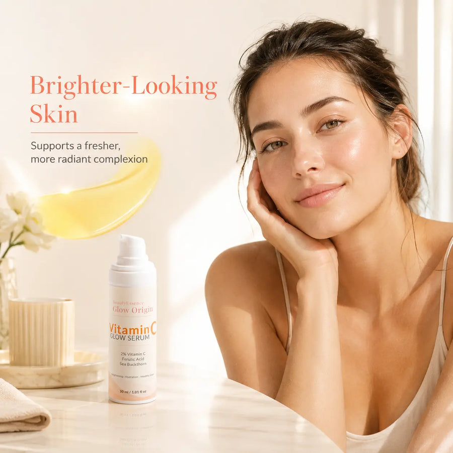 Woman with smooth skin holding a bottle of Vitamin C serum with a lemon and flowers in the background.