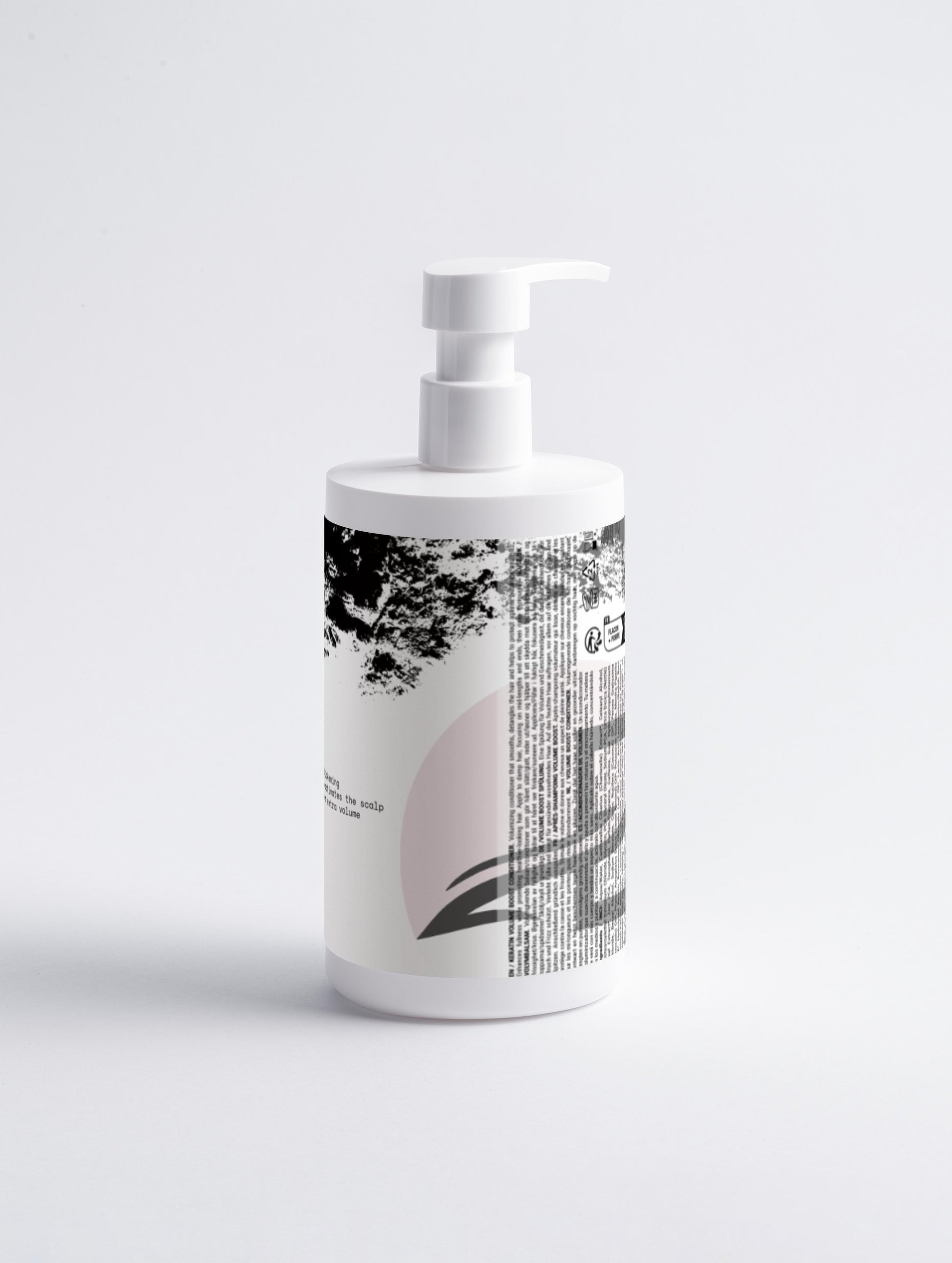 White bottle with black and gray design on a white background