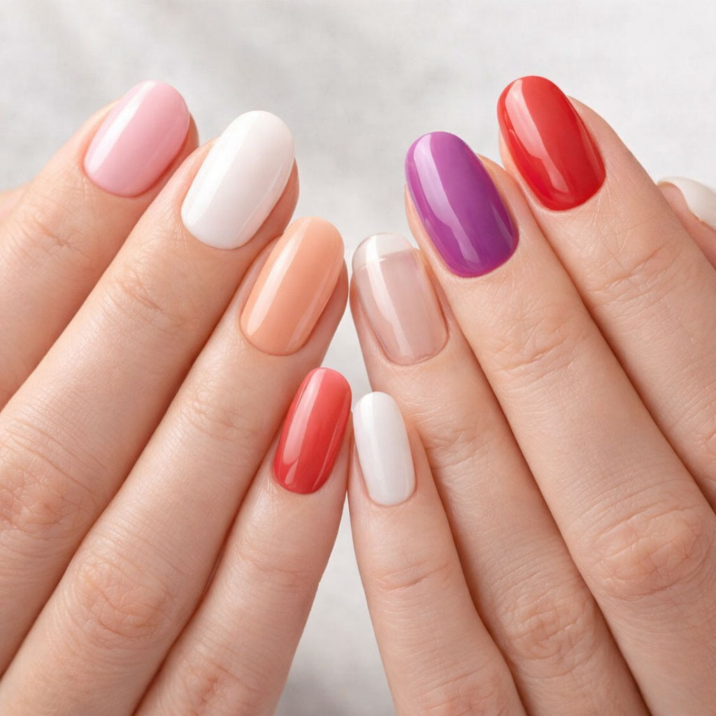 Close-up of hands with multicolored nail polish on a neutral background