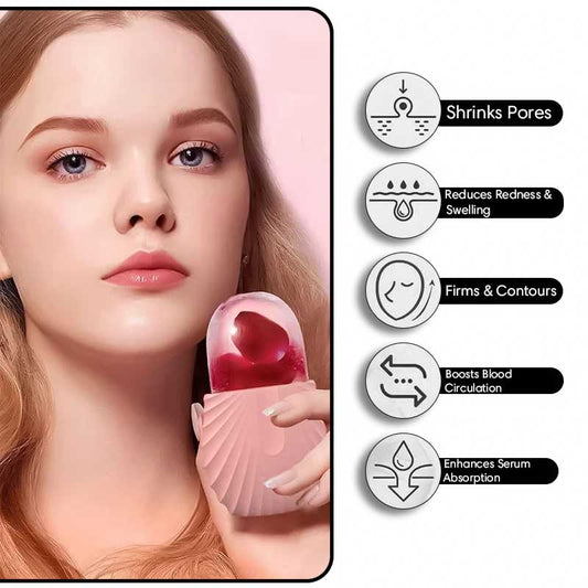 Pink ice face roller for skincare, reduces puffiness, calms redness and refreshes skin with reusable silicone design.