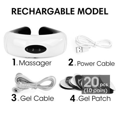 Neck Massager with Electric Pulse features LED display, rechargeable battery, and ergonomic circular traction design