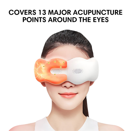 Rechargeable eye massager with heat and Bluetooth for eye strain relief and relaxation at home or on the go.