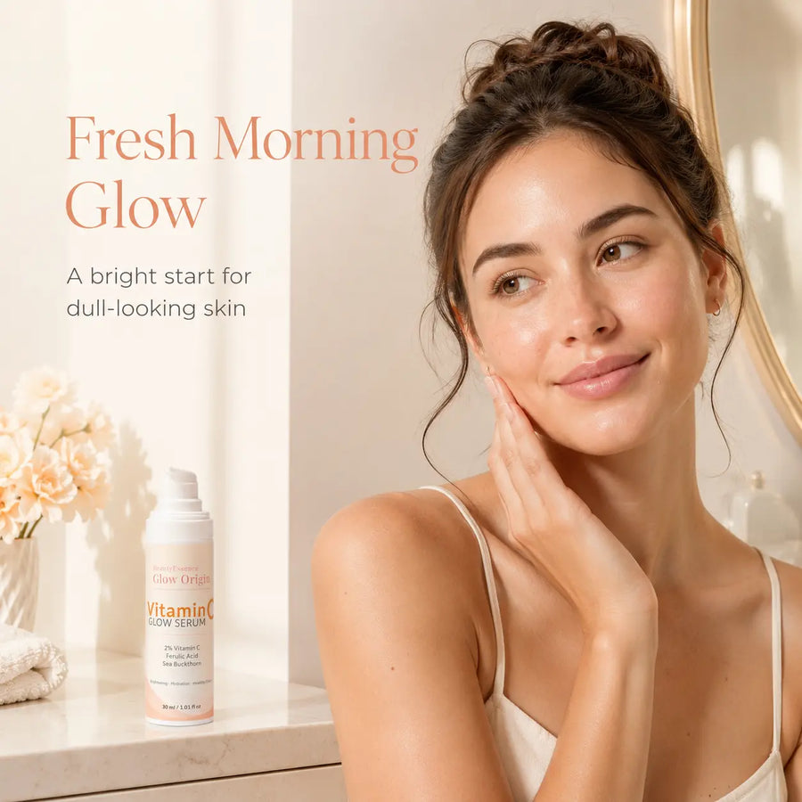 Woman with a fresh morning glow applying skincare product, with text 'Fresh Morning Glow' and product branding.