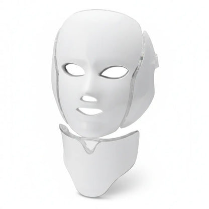 BEAUTYESSENCE™ 7-Colour LED light therapy mask for face and neck on a clean white background, showing professional photon technology for acne and anti-ageing with CE and RoHS certifications.