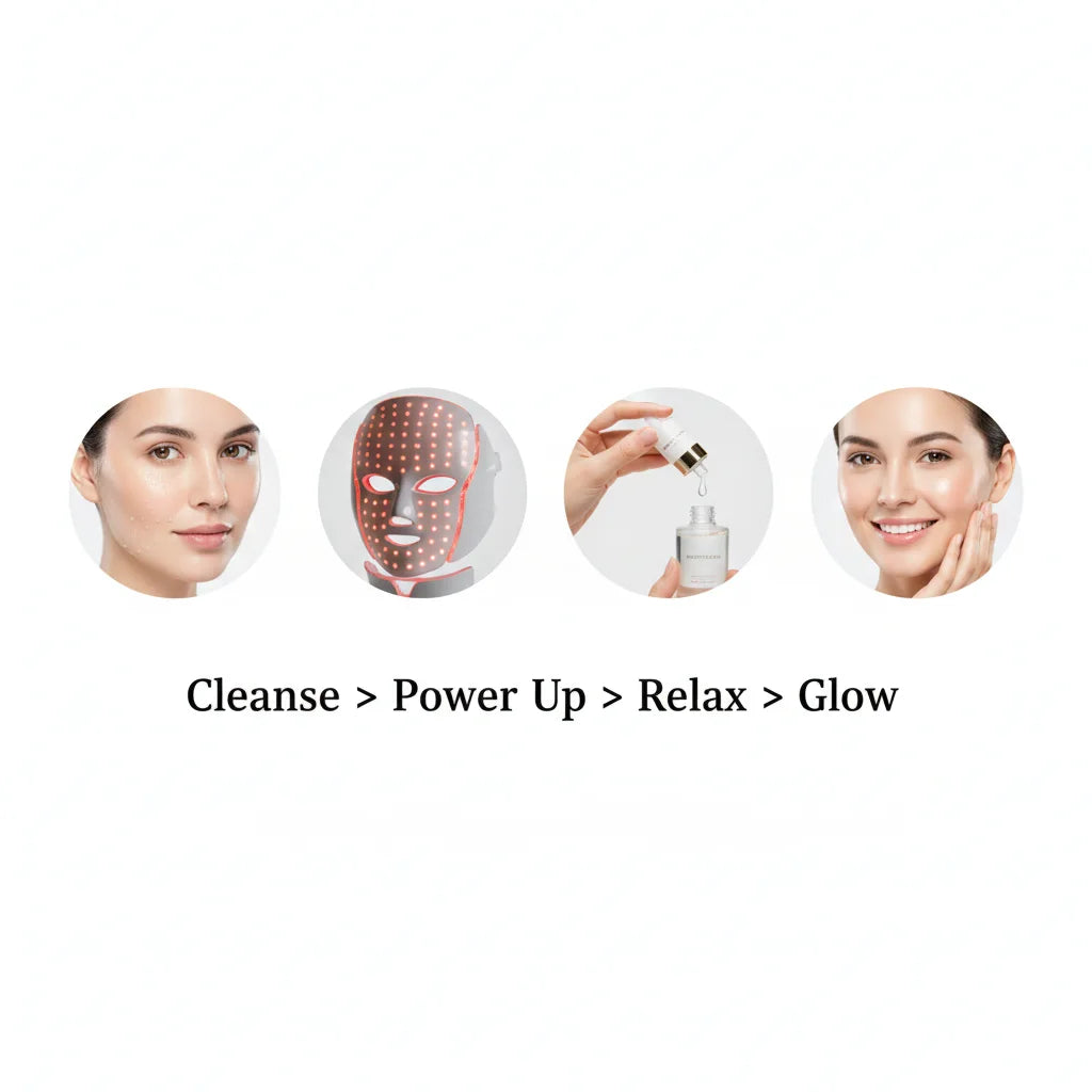 Facial mask with LED lights and a bottle, labeled 'Cleanse > Power Up > Relax > Glow' on a white background.