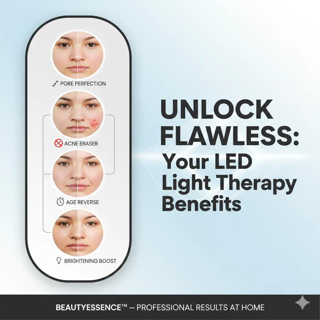 Infographic for BEAUTYESSENCE™ showing how to unlock flawless skin using a led light therapy mask for pore perfection, acne erasing, and age reverse.