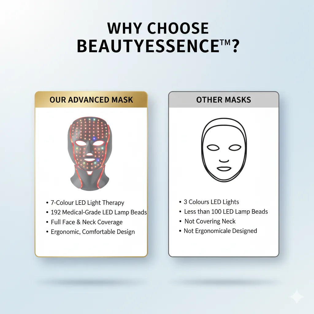 Comparison chart of BeautyEssence advanced red light therapy mask​ with other masks on a light blue background