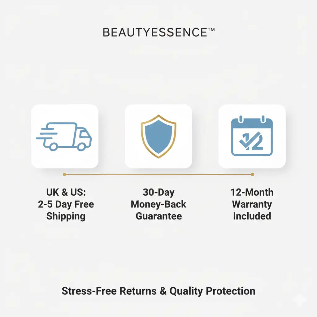 BEAUTYESSENCE brand icons with shipping, warranty, and guarantee information on a white background.