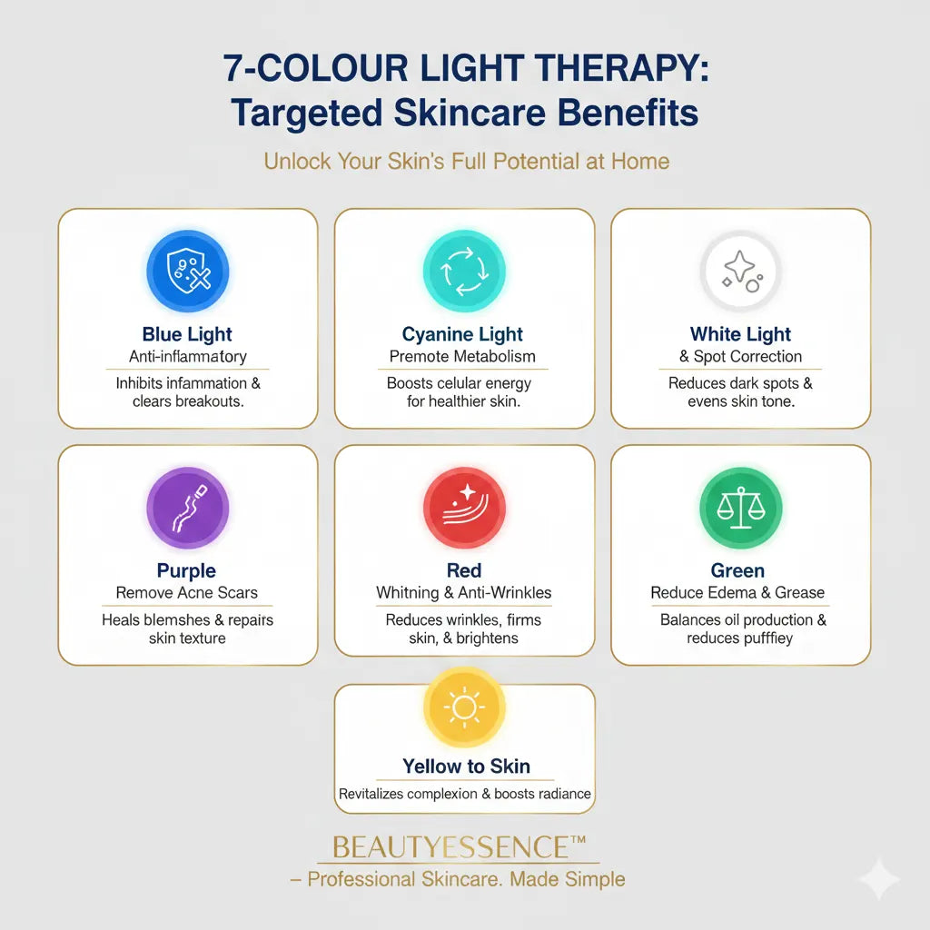 7-color light therapy chart with skincare benefits on a white background