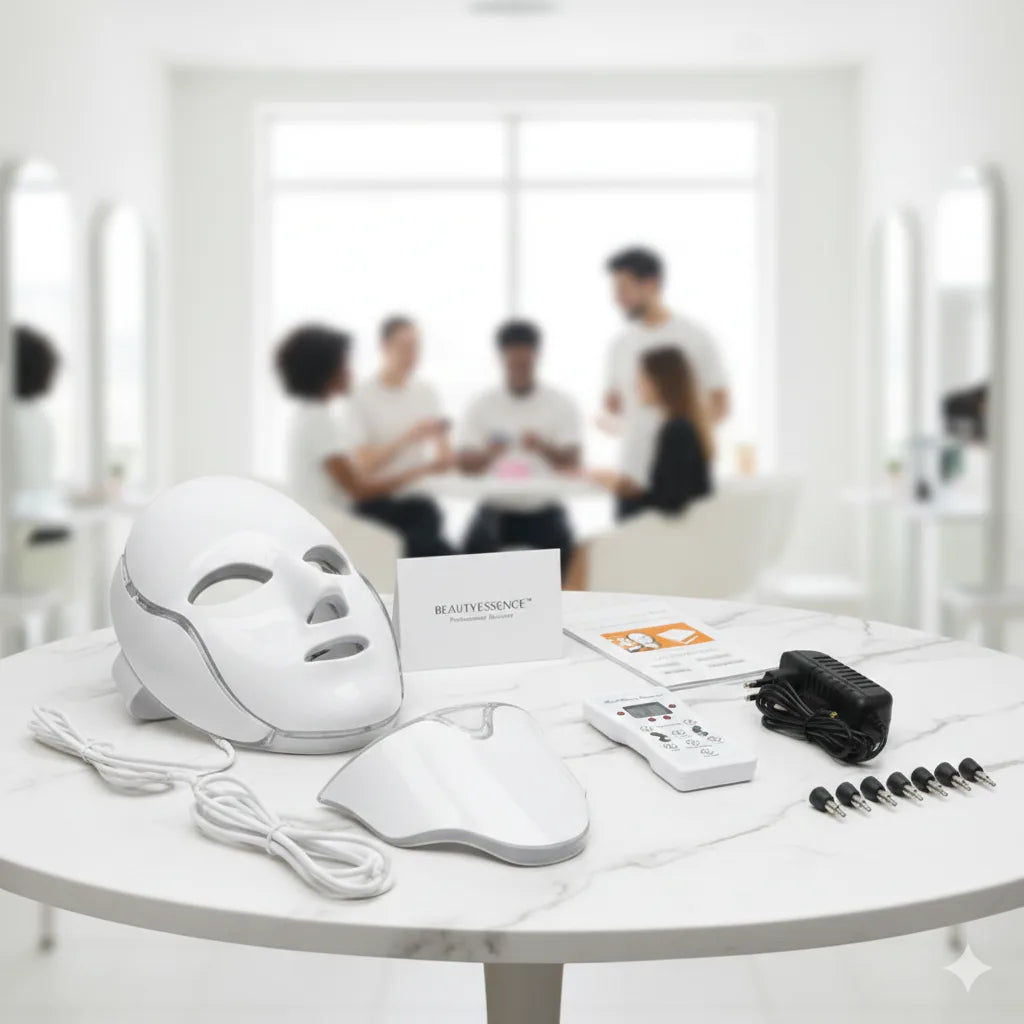 led mask for face​ device with accessories on a table, blurred people in the background