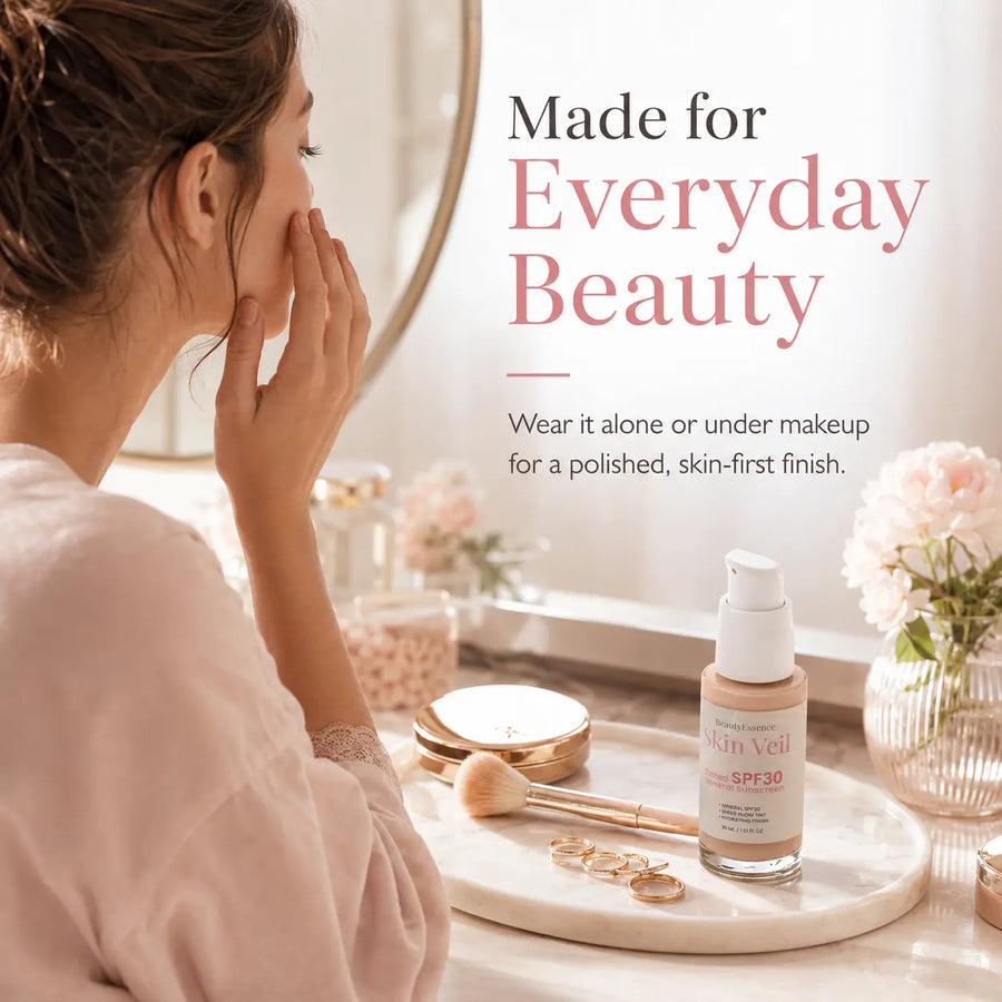 Woman applying makeup with a bottle of foundation on a table, text 'Made for Everyday Beauty'.