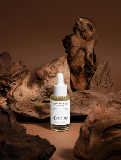 Skincare dropper bottle with a label on a brown background with natural wood elements