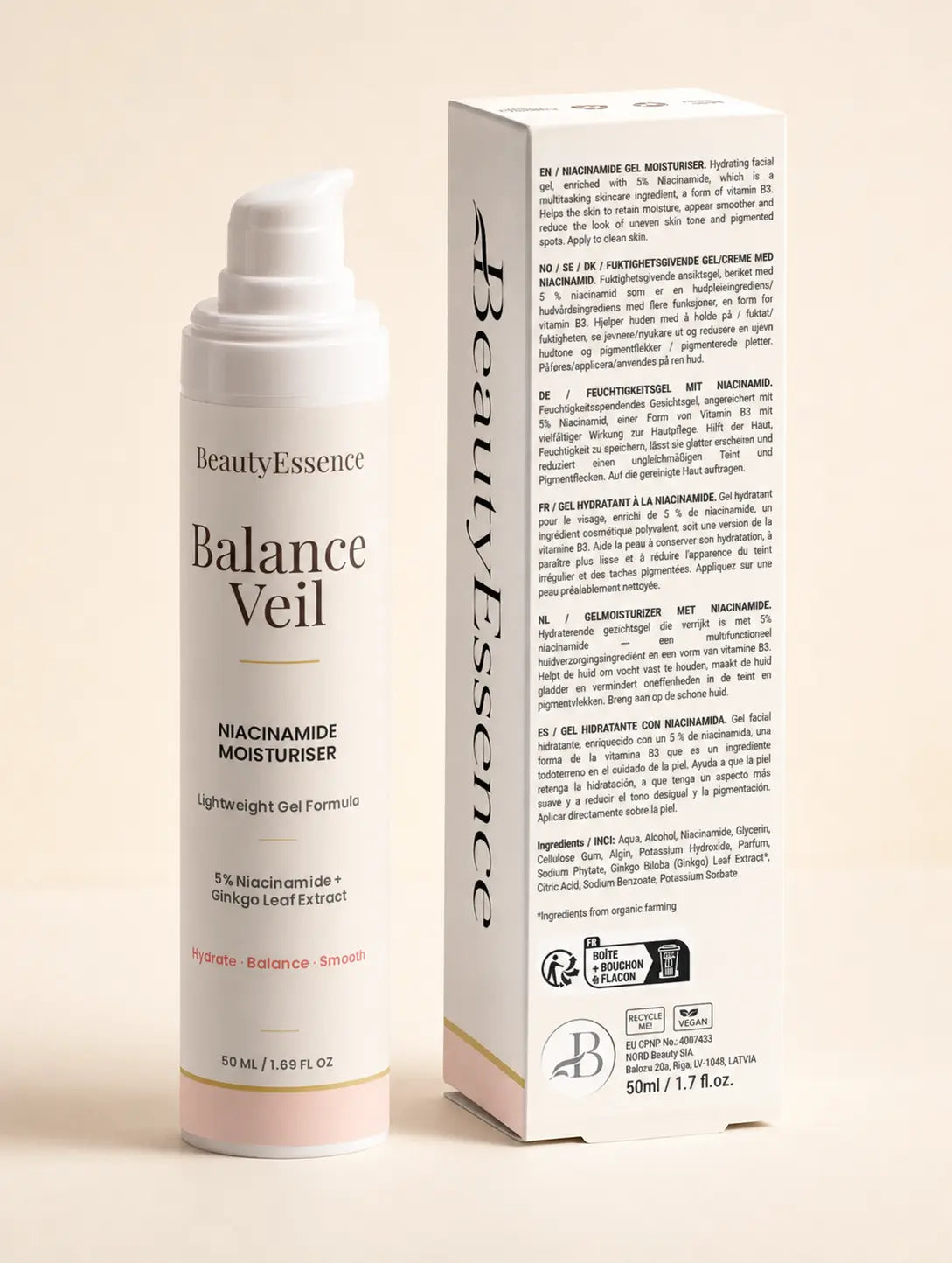 Balance Veil Niacinamide Moisturiser Gel bottle and back packaging