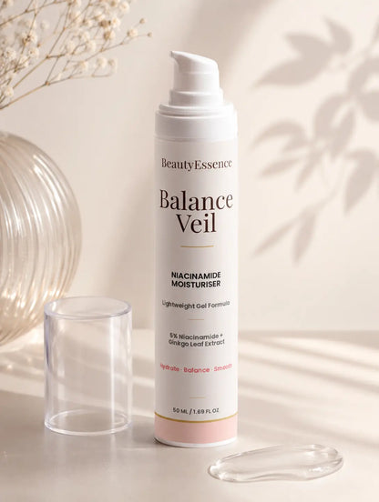 Balance Veil niacinamide moisturiser gel with premium skincare packaging