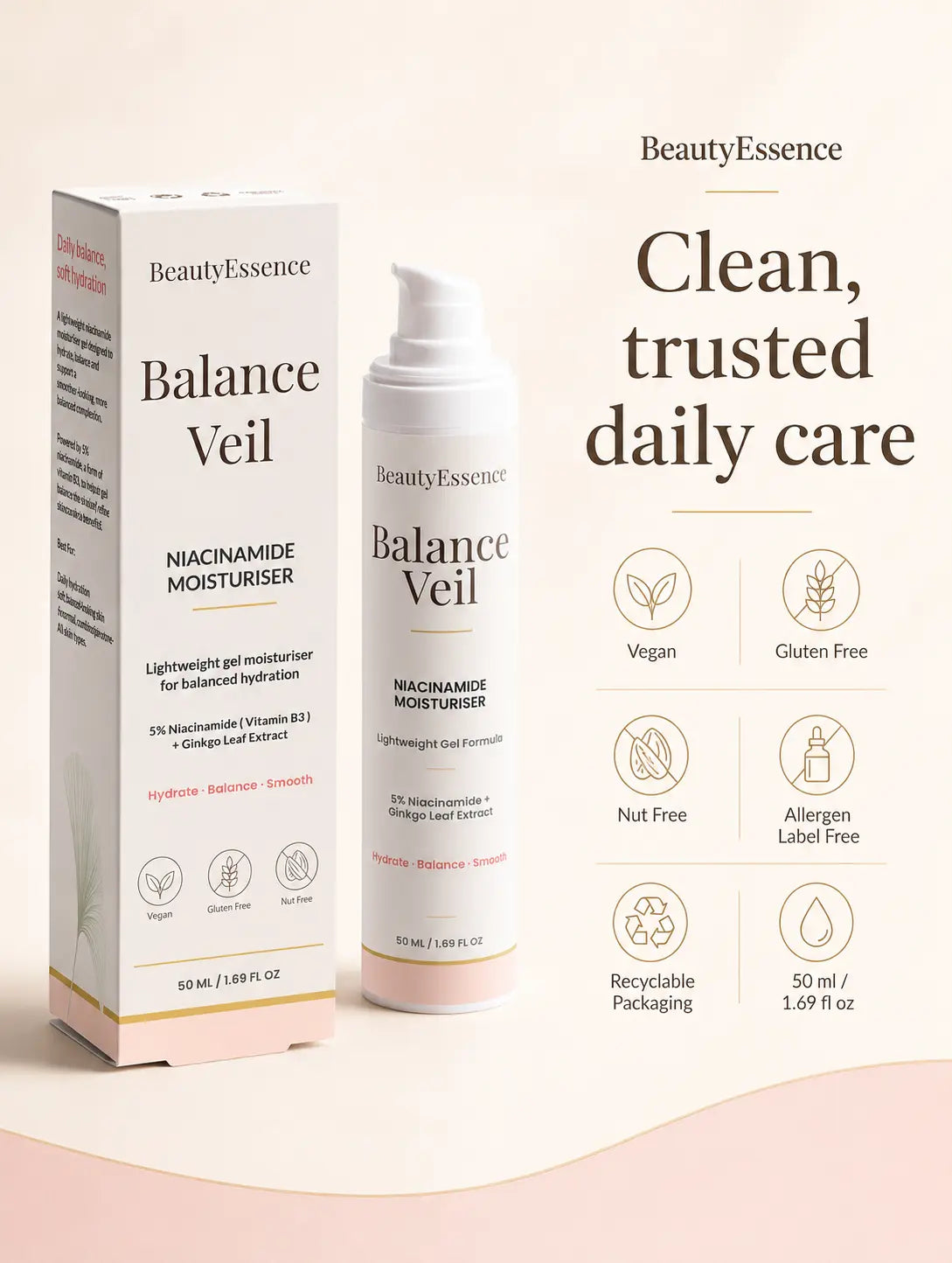 BeautyEssence niacinamide moisturiser gel vegan gluten free and nut free