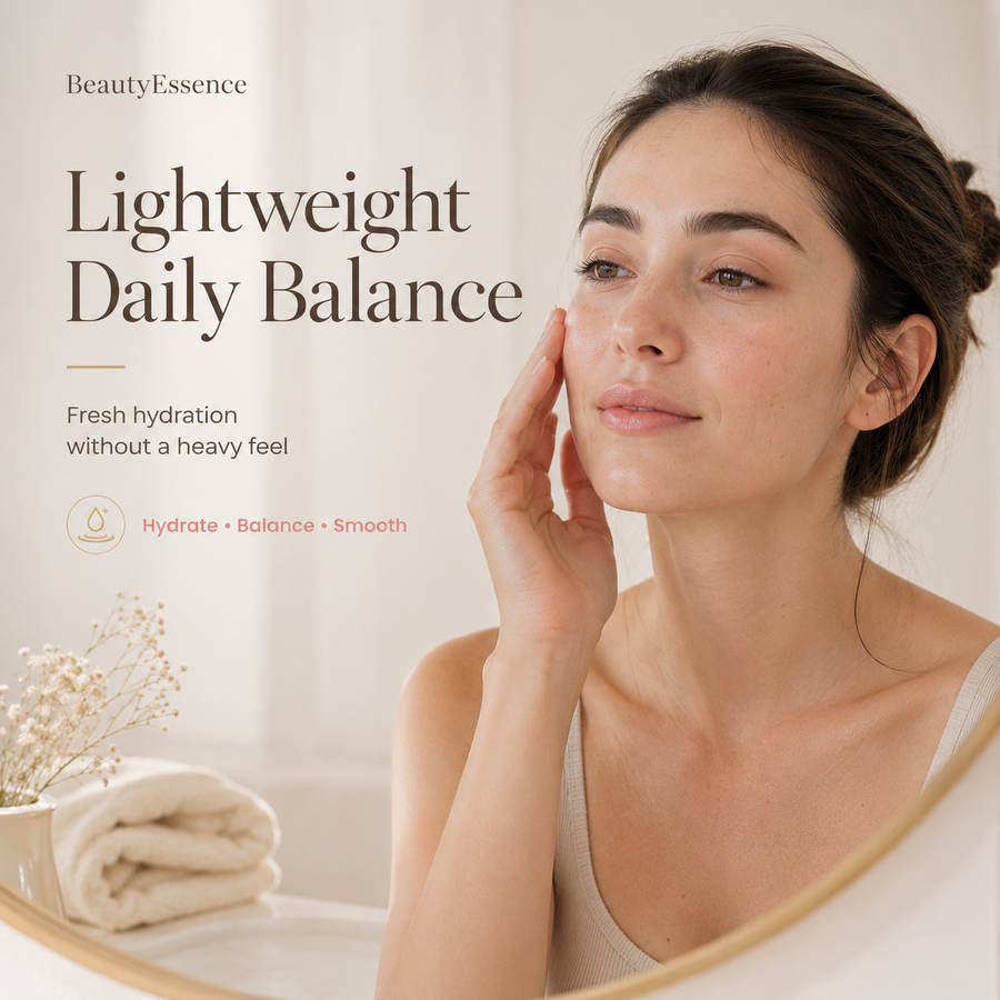 Model with fresh balanced-looking skin in soft morning light for lightweight daily hydration